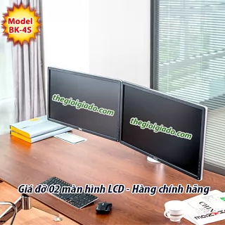 Giá đỡ 02 màn hình LCD trên bàn làm việc loại tay dài 2 khuỷu BK-4S