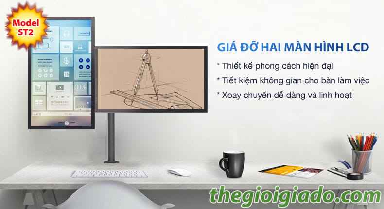 Gi&aacute; đỡ 2 m&agrave;n h&igrave;nh lcd tr&ecirc;n b&agrave;n l&agrave;m việc,gi&aacute; đỡ m&agrave;n h&igrave;nh LCD