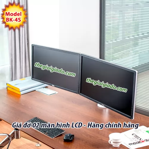 Giá đỡ 02 màn hình LCD trên bàn làm việc loại tay dài 2 khuỷu BK-4S