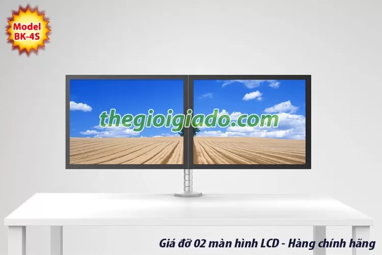 Giá đỡ 02 màn hình LCD trên bàn làm việc loại tay dài 2 khuỷu BK-4S