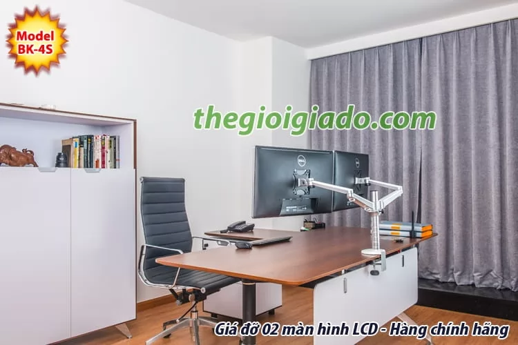 Giá đỡ 02 màn hình LCD trên bàn làm việc loại tay dài 2 khuỷu BK-4S
